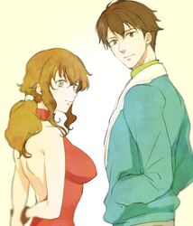  1boy 67k back_cutout backless_outfit bad_id bad_pixiv_id bare_arms bare_shoulders blurry breasts brown_hair christina_sierra clothing_cutout curly_hair depth_of_field female from_behind green_eyes gundam gundam_00 halterneck hands_in_pockets jacket large_breasts lichtendahl_tsery long_hair looking_back ponytail short_hair sideboob sleeveless smile turtleneck 