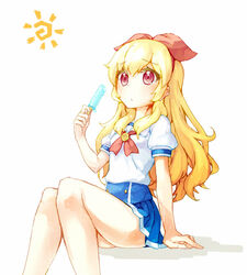  aikatsu! aikatsu!_(series) bad_id bad_pixiv_id blonde_hair blue_skirt bow female food hairbow hoshimiya_ichigo long_hair magari_(liarsheeper) popsicle red_eyes sitting skirt solo sun 