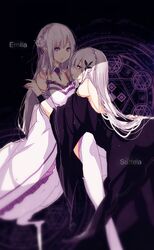  2girls bare_back bare_shoulders bent_over blurry braid breasts character_name commentary_request emilia_(re:zero) flower french_braid frills gem grey_hair hair_flower hair_in_own_mouth hair_ornament hair_ribbon hand_on_another&#039;s_hip highres koe_(aydllie) legs_apart long_hair looking_at_viewer magic_circle medium_breasts multiple_girls nail_polish pointy_ears purple_eyes purple_nails re:zero_kara_hajimeru_isekai_seikatsu ribbon satella_(re:zero) shadow very_long_hair white_hair white_legwear wide_sleeves wristband 