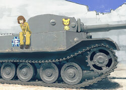  black_footwear brown_hair caterpillar_tracks commentary day emblem female freckles girls_und_panzer holding jumpsuit leopon_(animal) long_sleeves mechanic military military_vehicle motor_vehicle nito_(nshtntr) on_vehicle ooarai_(emblem) open_mouth orange_jumpsuit outdoors shirt shoes short_hair sitting smile solo tank tiger_(p) tsuchiya_(girls_und_panzer) v_arms vehicle_focus white_shirt wrench 