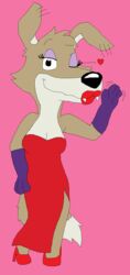  anthro armwear blinky_bill_(series) breasts canid canine canis cleavage clothed clothing daisy_dingo digital_media_(artwork) dingo disney dress elbow_gloves eyeshadow female footwear gesture gloves handwear heart_symbol hi_res high_heels jessica_rabbit justinanddennis_(artist) lipstick looking_at_viewer makeup mammal red_clothing red_dress red_lipstick seductive shoes simple_background smile waving who_framed_roger_rabbit 