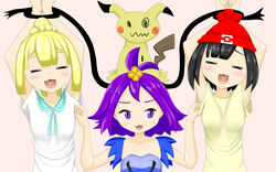  3girls :3 acerola_(pokemon) ahoge animal_ears armpits arms_up artist_request beanie black_eyes black_hair blonde_hair blue_dress blush braid breasts closed_eyes collarbone dress drooling flat_chest hair_ornament hands_together hat highres laughing lillie_(pokemon) looking_to_the_side matching_hair/eyes mimikyu mizuki_(pokemon_sm) multiple_girls open_mouth pink_background pokemon pokemon_(creature) pokemon_sm purple_eyes purple_hair red_hat restrained saliva shirt short_hair short_sleeves simple_background small_breasts smile tail tears tickling tied_hair wavy_mouth white_shirt yellow_shirt 