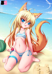  animal_ears barefoot beach bikini blonde_hair blue_eyes blush breasts cameltoe cloud day elin_(tera) eyebrows eyebrows_visible_through_hair feet female fox_ears fox_tail fruit full_body lolicon long_hair looking_at_viewer navel oerba_yun_fang open_mouth outdoors sand shadow side-tie_bikini sitting sky small_breasts solo swimsuit tail tera_online wariza watermelon 