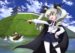  :d absurdres anchovy_(girls_und_panzer) anzio_military_uniform anzio_school_uniform architecture black_bow black_cape black_necktie blue_skirt blue_sky bow cape day dress_shirt drill_hair east_asian_architecture female girls_und_panzer grey_hair hair_between_eyes hairbow hand_on_own_hip head_tilt highres holding long_hair military military_vehicle miniskirt motor_vehicle necktie official_art open_mouth outdoors outstretched_arm pantyhose pleated_skirt red_eyes school_uniform shirt skirt sky smile solo tank twin_drills twintails very_long_hair white_pantyhose white_shirt yoshida_nobuyoshi 