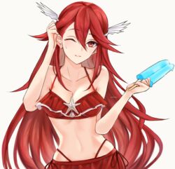  artist_name bare_shoulders bikini commentary_request cordelia_(fire_emblem) cordelia_(summer)_(fire_emblem) female fire_emblem fire_emblem_awakening fire_emblem_heroes food hair_ornament holding long_hair navel one_eye_closed parted_lips popsicle red_bikini red_eyes red_hair simple_background solo swimsuit upper_body white_background wing_hair_ornament yoru_(yowuyoru) 