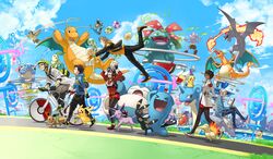  1other 2girls 3boys absurdres aerodactyl androgynous backpack bag baseball_cap bicycle bicycle_helmet blanche_(pokemon) blastoise blonde_hair brown_hair candela_(pokemon) cellphone chikorita cityscape clothed_pokemon cloud coat commentary cropped_jacket cyndaquil dark_skin day dewgong dragonite eevee egg english_commentary espeon female_protagonist_(pokemon_go) fingerless_gloves fire flying gloves hand_on_own_hip hat helmet highres holding holding_poke_ball holding_pokemon hood hoodie jacket jpeg_artifacts jumping kozaki_yuusuke lapras leggings long_hair looking_at_viewer magikarp male_protagonist_(pokemon_go) multiple_boys multiple_girls official_art outdoors pantyhose party_hat phone photoshop_(medium) pidgey pikachu poke_ball pokemon pokemon_(creature) pokemon_egg pokemon_go pokestop ponytail psyduck reading riding road short_hair shorts sky smartphone smile snorlax spark_(pokemon) spiked_hair starter_pokemon_trio third-party_source togepi totodile tyrogue umbreon venusaur visor_cap water white_hair willow_(pokemon) wobbuffet 