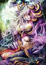  black_sclera breasts colored_sclera commentary_request curly_hair dashinoya dragon facial_mark female fog glowing glowing_eyes hel_(p&amp;d) horns light_rays long_hair medium_breasts multicolored_hair navel open_mouth purple_hair puzzle_&amp;_dragons silver_hair sitting skeleton solo sunbeam sunlight tattoo two-tone_hair very_long_hair waist_cape wariza white_hair yellow_eyes 