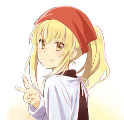  anzu_(hinamatsuri) black_shirt blonde_hair chromatic_aberration commentary_request female from_behind hair_between_eyes hinamatsuri_(manga) long_hair looking_at_viewer looking_back photoshop_(medium) ponytail shirt simple_background smile solo upper_body v white_background yamaguchi_satoshi yellow_eyes 