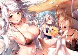  3girls admiral_hipper_(azur_lane) ahoge antenna_hair azur_lane bare_shoulders beach beach_mat beach_umbrella bikini black_bikini black_choker black_thighhighs blonde_hair blue_one-piece_swimsuit blunt_bangs blush breasts brown_hair chiyingzai choker cleavage closed_mouth collarbone commentary covered_nipples cross cross_earrings day earrings flag_print german_flag_bikini green_eyes grey_hair hair_between_eyes hair_ornament hair_ribbon innertube iron_cross jewelry large_breasts long_hair looking_at_viewer mole mole_on_breast mole_under_eye multicolored_hair multiple_girls navel ocean official_alternate_costume one-piece_swimsuit open_clothes open_mouth open_shirt outdoors prinz_eugen_(azur_lane) prinz_eugen_(unfading_smile)_(azur_lane) reaching reaching_towards_viewer red_bikini red_hair ribbon sand seashell shell shiny_skin shirt side-tie_bikini_bottom sideboob sidelocks skindentation small_breasts smile starfish stomach streaked_hair swept_bangs swim_ring swimsuit thighhighs two_side_up umbrella very_long_hair waves wet white_shirt white_thighhighs yellow_eyes z46_(azur_lane) z46_(her_first_summer)_(azur_lane) 