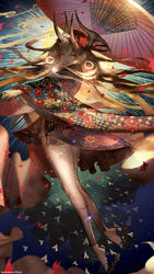  absurdres brown_eyes brown_hair chinese_commentary commentary_request female flat_chest floral_print hair_ornament hand_fan highres horns long_hair no.23_(sa&#039;yuki) oil-paper_umbrella photoshop_(medium) pixiv_fantasia pixiv_fantasia_revenge_of_the_darkness sa&#039;yuki sandals solo umbrella very_long_hair 