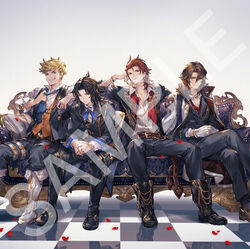  4boys album_cover alternate_costume black_footwear black_hair black_jacket black_pants blonde_hair blue_eyes blue_necktie boots bracelet brown_eyes brown_hair checkered_floor collared_shirt couch cover gloves granblue_fantasy grin hair_between_eyes interlocked_fingers jacket jacket_on_shoulders jewelry lancelot_(granblue_fantasy) long_hair long_sleeves looking_at_viewer loose_necktie male_focus minaba_hideo multiple_boys necktie necktie_grab neckwear_grab official_art open_clothes open_jacket open_shirt orange_vest own_hands_together pants percival_(granblue_fantasy) petals red_eyes red_hair red_necktie reflection ring sample_watermark shirt short_hair siegfried_(granblue_fantasy) sitting smile the_dragon_knights thigh_strap vane_(granblue_fantasy) vest watermark white_gloves white_shirt 