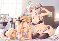  2girls :3 ahoge arm_garter ass bad_id bad_pixiv_id black_bra black_panties black_ribbon black_thighhighs blonde_hair bra breasts curtains hair_ornament hair_ribbon highres indoors large_breasts long_hair looking_at_viewer lying magazine_(object) monitor multiple_girls navel niliu_chahui no_shoes on_bed on_stomach original panties recursion red_eyes ribbon sela_(08180074) siblings side-tie_panties sisters smile the_pose thighhighs tokisaki_asaba_(niliu_chahui) tokisaki_mio_(niliu_chahui) two_side_up underwear underwear_only v very_long_hair white_bra white_hair white_panties white_thighhighs window x_hair_ornament 