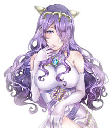  bare_shoulders blush breasts camilla_(adrift)_(fire_emblem) camilla_(fire_emblem) commentary_request dress elbow_gloves female finger_to_mouth fire_emblem fire_emblem_fates fire_emblem_heroes gem gloves hair_over_one_eye highres kisaragi_(kisaragi0530) large_breasts lips long_hair partial_commentary purple_eyes purple_hair sidelocks smile solo tiara very_long_hair wavy_hair white_dress white_gloves 