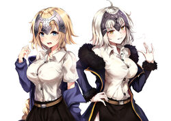  2girls ahoge belt blonde_hair blue_eyes blush braid breasts commentary cosplay dress_shirt dual_persona fate/grand_order fate_(series) fur_trim hand_on_own_hip jacket jeanne_d&#039;arc_(fate) jeanne_d&#039;arc_(ruler)_(fate) jeanne_d&#039;arc_alter_(fate) jeanne_d&#039;arc_alter_(ver._shinjuku_1999)_(fate) jeanne_d&#039;arc_alter_(ver._shinjuku_1999)_(fate)_(cosplay) large_breasts long_hair multiple_girls nakatokung off_shoulder official_alternate_costume open_mouth photoshop_(medium) shirt short_hair single_braid skirt very_long_hair white_hair yellow_eyes 