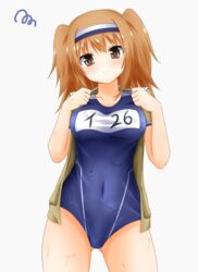  :&lt; bad_id bad_pixiv_id breasts brown_eyes clothes_writing denpa_(denpae29) female hairband highres i-26_(kancolle) kantai_collection large_breasts light_brown_hair long_hair looking_at_viewer name_tag new_school_swimsuit one-piece_swimsuit open_clothes sailor_collar school_swimsuit short_sleeves solo swimsuit swimsuit_under_clothes two-tone_hairband two_side_up 