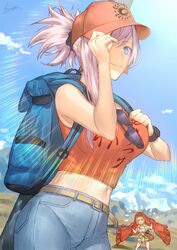  2girls backpack bag baseball_cap blonde_hair blue_eyes cloak commentary_request denim fate/grand_order fate_(series) folded_ponytail hat highres hiiragi_(karashriker) jeans midriff miyamoto_musashi_(fate) miyamoto_musashi_(traveling_outfit)_(fate) multiple_girls navel nero_claudius_(fate) nero_claudius_(fate/extra) nero_claudius_(traveling_outfit)_(fate) official_alternate_costume outdoors pants smile solo_focus sunglasses tank_top 