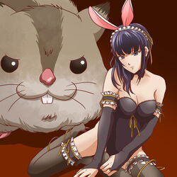  animal_ears arm_garter black_bow black_bowtie black_gloves black_legwear black_leotard blunt_bangs bow bowtie breasts bridal_gauntlets cleavage commentary_request detached_collar elbow_gloves female gloves hair_ribbon hamster hamsuke k-ta leotard maid_headdress medium_breasts narberal_gamma overlord_(maruyama) photoshop_(medium) playboy_bunny purple_eyes rabbit_ears ribbon thighhighs yellow_ribbon 