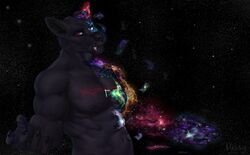  2019 5_fingers anthro black_body black_fur canid canine cosmic_background digital_media_(artwork) fingers fur male mammal missy_(artist) red_eyes solo 