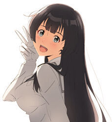  :d agano_(kancolle) alternate_costume black_hair blue_eyes breasts commentary_request female gloves kantai_collection key_kun large_breasts long_hair looking_at_viewer open_mouth simple_background smile solo uniform upper_body white_background white_gloves white_uniform 