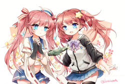  2girls absurdres blue_eyes brown_hair commentary_request fingerless_gloves gloves hair_ornament hair_ribbon hat highres jacket mini_hat miniskirt multiple_girls original pleated_skirt ribbon ribbon-trimmed_sleeves ribbon_trim sailor_hat school_uniform serafuku skirt star_(symbol) star_hair_ornament taihou_(warship_girls_r) thighhighs touming_renjian twintails twitter_username warship_girls_r wide_sleeves zettai_ryouiki 