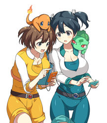  2girls alternate_costume animal animal_on_head animal_on_shoulder aqua_shirt aqua_shorts belt blue_eyes blue_hair breasts brown_hair bulbasaur cellphone charmander cleavage commentary_request cosplay cropped_jacket female_protagonist_(pokemon_go) female_protagonist_(pokemon_go)_(cosplay) flame-tipped_tail hair_between_eyes hiryuu_(kancolle) holding holding_phone kantai_collection large_breasts looking_down makishima_azusa matching_outfits multiple_girls on_head on_shoulder open_mouth orange_shirt orange_shorts phone photoshop_(medium) pokemon pokemon_(creature) pokemon_go pokemon_on_head pokemon_on_shoulder shiny_clothes shirt short_hair short_twintails shorts side_ponytail simple_background smartphone souryuu_(kancolle) thigh_gap twintails white_background 