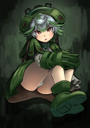  ass atatatamu blush boots brown_eyes commentary_request female full_body gloves green_footwear green_gloves green_hair head_tilt looking_at_viewer made_in_abyss multicolored_hair open_mouth panties pantyshot prushka silver_hair sitting solo streaked_hair two-tone_hair underwear white_panties 