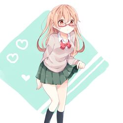  breasts brown_hair clothes_lift commentary_request female glasses heart long_hair medium_breasts red_eyes school_uniform seuyu_majin shiraishi_(tanakeda) simple_background skirt skirt_hold socks solo sweatdrop tanaka-kun_wa_itsumo_kedaruge uniform 