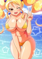  aokura_shou bikini blonde_hair breasts brown_eyes collarbone cure_honey curvy earrings female female happinesscharge_precure! highres huge_breasts leaning_forward long_hair long_twintails looking_at_viewer ocean open_mouth outdoors precure shiny solo standing string_bikini summer swimsuit thick_thighs thigh_gap twintails wink yellow_bikini yellow_swimsuit 