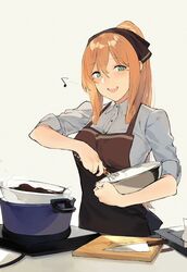  :d apron blush breasts brown_hair chocolate collared_shirt commentary_request cutting_board dress_shirt duoyuanjun eighth_note eyebrows female food girls&#039;_frontline green_eyes hair_between_eyes hair_ornament head_tilt highres holding hot_plate icing kitchen_knife knife large_breasts long_hair long_sleeves looking_at_viewer mixing mixing_bowl musical_note open_mouth ponytail pot ribbon shirt simple_background sleeves_rolled_up smile solo springfield_(girls&#039;_frontline) upper_body whisk wing_collar 