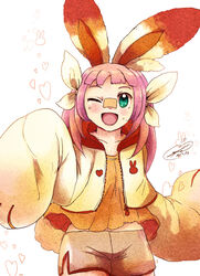  :d ;d animal_ears appleko bandage_on_face bandages bandaid bandaid_on_face bandaid_on_nose blunt_bangs bow collarbone commentary_request cosplay cowboy_shot crossover eyebrows female green_eyes hairbow heart highres hood hood_down hoodie inazuma_eleven inazuma_eleven_(series) inazuma_eleven_ares_no_tenbin jacket looking_at_viewer loose_clothes loose_shirt midriff one_eye_closed open_mouth orange_shirt oversized_clothes photoshop_(medium) pink_hair pokemon rabbit_ears rabbit_tail scorbunny scorbunny_(cosplay) shiratoya_nae shirt short_hair short_shorts shorts sidelocks simple_background sleeves_past_fingers sleeves_past_wrists smile tail white_background yellow_bow yellow_jacket yellow_shorts zipper zipper_pull_tab 