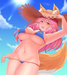  absurdres animal_ear_fluff animal_ears bikini blue_bikini breasts cleavage commentary_request day ears_through_headwear fate/grand_order fate_(series) female fox_ears fox_girl fox_tail groin hat highres jifuwabe large_breasts long_hair navel outdoors pink_hair side-tie_bikini_bottom solo straw_hat swimsuit tail tamamo_(fate) tamamo_no_mae_(swimsuit_lancer)_(fate) yellow_eyes 