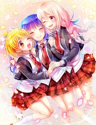  3girls anne_happy bad_id bad_pixiv_id braid friends glasses hanakoizumi_an hibarigaoka_ruri kakaoken kumegawa_botan long_hair multiple_girls one_eye_closed open_mouth orange_hair pink_hair purple_hair school_uniform short_hair smile tennomifune_academy_school_uniform twin_braids 