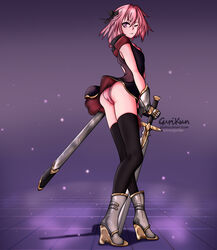  1boy armor ass black_dress black_legwear boots bow braid dress fate/apocrypha fate/grand_order fate_(series) from_below gurikun hairbow long_hair looking_at_viewer looking_down oerba_yun_fang one_eye_closed panties pink_hair pink_panties rider_of_black shiny shiny_hair short_dress single_braid smile solo sword thighhighs trap underwear upskirt very_long_hair weapon web_address wink 