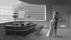  2girls alien asari_(mass_effect) chair commander_shepard commander_shepard_(female) desk dress greyscale hug indoors lamp liara_t&#039;soni mass_effect_(series) mass_effect_2 monochrome multiple_girls short_hair tentacle_hair unoobang window 