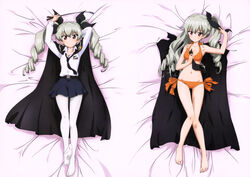  absurdres anchovy_(girls_und_panzer) anzio_school_uniform arm_behind_head armpits barefoot bed_sheet bikini black_cape black_necktie black_ribbon blue_skirt breasts cape cleavage collarbone dakimakura_(medium) dress_shirt drill_hair female from_above full_body girls_und_panzer grey_hair hair_between_eyes hair_half_undone hair_ribbon highres holding holding_ribbon long_hair looking_at_viewer loose_necktie lying medium_breasts miniskirt multiple_views navel necktie no_shoes official_art on_back orange_bikini pantyhose pleated_skirt red_eyes ribbon school_uniform shirt side-tie_bikini_bottom skirt smile swimsuit twin_drills twintails very_long_hair white_legwear white_shirt yoshida_nobuyoshi 