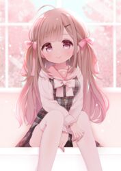  ahoge bad_id bad_pixiv_id blurry blurry_background blush bow breasts brown_hair closed_mouth commentary_request depth_of_field dress feet_out_of_frame female fingernails grey_dress hair_ornament hairbow hairclip long_hair long_sleeves maeha moe2019 nail_polish original pink_bow pink_nails pink_sailor_collar plaid plaid_dress purple_eyes sailor_collar school_uniform serafuku shirt sitting sleeveless sleeveless_dress small_breasts smile solo thighhighs two_side_up very_long_hair white_shirt white_thighhighs 