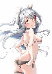  ass azur_lane bikini bikini_pull black_bikini black_choker blush breasts butt_crack choker clothes_pull commentary cowboy_shot female flag_print floating_hair from_behind german_flag_bikini grey_hair grey_ribbon hair_ribbon hand_on_own_hip highres long_hair looking_at_viewer medium_breasts mole mole_on_breast official_alternate_costume prinz_eugen_(azur_lane) prinz_eugen_(unfading_smile)_(azur_lane) pulling_own_clothes ribbon side-tie_bikini_bottom sideboob simple_background smile solo standing swept_bangs swimsuit thigh_strap two_side_up underboob very_long_hair white_background xin_(zinc) yellow_eyes 