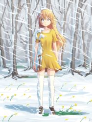  aposine bad_id bad_tumblr_id blonde_hair blue_eyes collarbone commentary dress english_commentary female flower forest frown full_body highres long_hair looking_at_viewer nature original shoes short_dress short_sleeves snow snowflakes snowing solo standing thighhighs tree white_thighhighs wind yellow_dress 