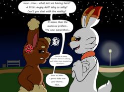  2019 angry bench brown_body brown_fur buneary dialogue digital_media_(artwork) english_text female fur generation_4_pokemon generation_8_pokemon lagomorph lamp male mammal nintendo offended park pokemon pokemon_(species) public scorbunny simple_background star text trash_can unavailable_at_source white_body white_fur wildwolfproduction yellow_body yellow_fur 