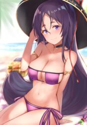  armlet bare_shoulders beach bikini blush breasts choker cleavage collarbone commentary_request day eyepatch_bikini fate/grand_order fate_(series) female hat highres ichimegasa large_breasts long_hair looking_at_viewer maosame minamoto_no_raikou_(fate) minamoto_no_raikou_(swimsuit_lancer)_(fate) minamoto_no_raikou_(swimsuit_lancer)_(first_ascension)_(fate) ocean outdoors palm_tree purple_bikini purple_eyes purple_hair side-tie_bikini_bottom sitting smile solo swimsuit tree very_long_hair 