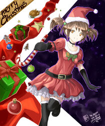  bell belt black_gloves black_thighhighs box brown_hair christmas_tree collar collarbone commentary_request dress elbow_gloves female gift gift_box gloves hair_bobbles hair_ornament hat hiroki_(hirokiart) looking_at_viewer neck_bell original red_dress red_hat santa_costume santa_hat short_twintails signature smile solo star_(symbol) thighhighs twintails 