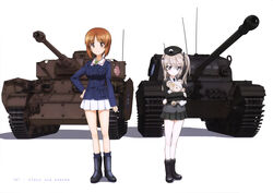  2girls absurdres black_footwear black_hat black_ribbon black_skirt blue_jacket boko_(girls_und_panzer) boots brown_eyes brown_hair centurion_(tank) copyright_name full_body girls_und_panzer grey_jacket hair_ribbon hand_on_own_hip hat highres holding holding_stuffed_toy jacket light_brown_hair long_hair looking_at_viewer military military_vehicle miniskirt motor_vehicle multiple_girls nishizumi_miho official_art one_side_up ooarai_military_uniform page_number panzer_iv pleated_skirt ribbon selection_university_military_uniform shimada_arisu short_hair skirt smile standing stuffed_animal stuffed_toy tank teddy_bear white_background white_skirt yoshida_nobuyoshi 