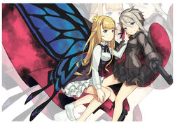  2girls ange_(princess_principal) blonde_hair butterfly_wings cape commentary_request couple crown gloves grey_hair gun hand_on_another&#039;s_cheek hand_on_another&#039;s_face handgun highres insect_wings long_hair multiple_girls princess_(princess_principal) princess_principal revolver school_uniform short_hair shuixing_huangfu weapon webley-fosbery_automatic_revolver wings yuri 