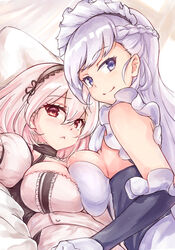  2girls :&lt; azur_lane bed_sheet belfast_(azur_lane) blush braid breast_press breasts closed_mouth collarbone commentary_request french_braid frilled_gloves frills gloves hair_between_eyes hairband indoors lace-trimmed_hairband lace_trim large_breasts long_hair looking_at_viewer looking_back maid maid_headdress multiple_girls pillow puffy_sleeves purple_eyes red_eyes short_hair short_sleeves sidelocks sirius_(azur_lane) smile very_long_hair white_gloves white_hair window yuki_shizuku 