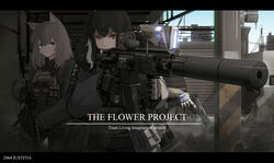  2girls aiming animal_ears assault_rifle bad_id bad_pixiv_id black_hair blonde_hair brown_eyes bulletproof_vest commentary eotech extended_magazine gloves green_eyes gun h&amp;k_hk416 hair_ornament hairclip handgun highres holding holding_gun holding_weapon kasasasagi letterboxed load_bearing_vest mk_12_spr multiple_girls original photoshop_(medium) rifle robot scope suppressor weapon 