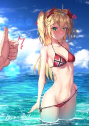  1boy admiral_hipper_(azur_lane) ahoge alternate_costume anger_vein angry aono_meri azur_lane bad_id bad_pixiv_id bare_shoulders beach bikini bikini_tug blonde_hair blue_sky blurry blush breasts cloud collarbone commentary_request cross day depth_of_field female green_eyes groin hair_between_eyes headgear highres iron_cross long_hair looking_at_viewer mole navel ocean out_of_frame outdoors parted_lips pov red_bikini sky small_breasts solo_focus standing stomach sunlight swimsuit thighs thumbs_up twitter_username two_side_up wading 