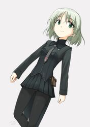  absurdres alternate_color dutch_angle female green_eyes grey_hair highres makaze_(t-junction) necktie pantyhose pleated_skirt pouch sanya_v._litvyak short_hair simple_background skirt smile solo strike_witches walking white_background world_witches_series 