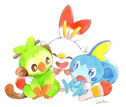  2019 arm_around_shoulders blue_body blue_eyes blue_skin brown_eyes feral fur generation_8_pokemon green_body grookey group hand_on_shoulder hi_res hug lagomorph mammal nintendo pokemon pokemon_(species) primate reptile sangobouro scalie scorbunny simple_background sobble starter_trio trio white_background white_body white_fur 