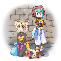  2girls animal_ears bag belt black_hair blonde_hair blush bodysuit boots brick_wall brown_eyes brown_footwear cat_ears character_request collarbone commentary_request cosplay crossed_arms dragon_quest dragon_quest_iii full_body gloves green_eyes hair_between_eyes hood hoodie jewelry kemono_friends kneeling looking_up multiple_girls necklace pants pink_footwear pink_gloves pxton sack sand_cat_(kemono_friends) snake_tail standing striped_tail tail thief_(dq3) thief_(dq3)_(cosplay) triangle_mouth tsuchinoko_(kemono_friends) two_side_up vest white_background white_pants yellow_gloves yellow_vest 