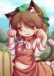  :p absurdres animal_ears bad_id bad_pixiv_id blue_sky brown_hair cat_ears cat_tail chen chinese_commentary cloud commentary_request day dior-zi earrings eyebrows female fence fingernails grass hat highres jewelry lens_flare long_sleeves looking_at_viewer midriff mob_cap mountain multiple_tails nail_polish navel oerba_yun_fang orange_eyes outdoors paw_pose ribbon sharp_fingernails short_hair single_earring skirt skirt_set sky sleeves_rolled_up solo tail tongue tongue_out touhou wooden_fence 